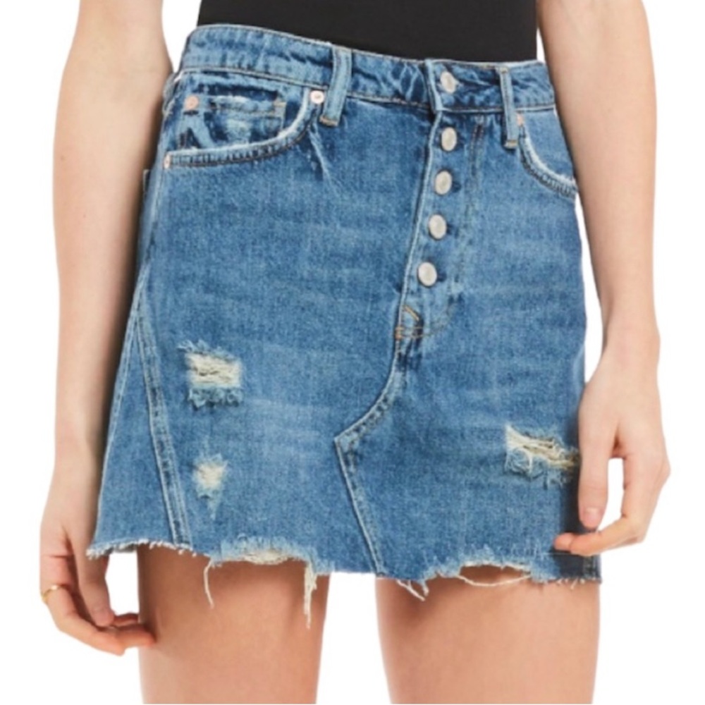 Free People We the Free Jean Mini Skirt XS Button Fly Cotton Distressed Denim